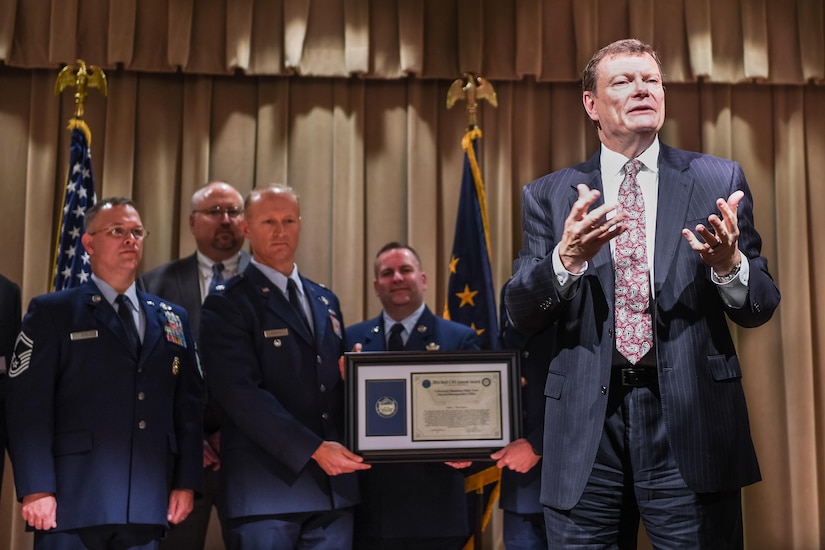 Defense Department Chief Information Officer Terry Halvorsen hosts the 2016 DoD CIO annual award ceremony as award winners from the National Reconnaissance Office look on at the Pentagon conference center in Washington, D.C., Nov. 30, 2016. Army photo by Sgt. Alicia Brand