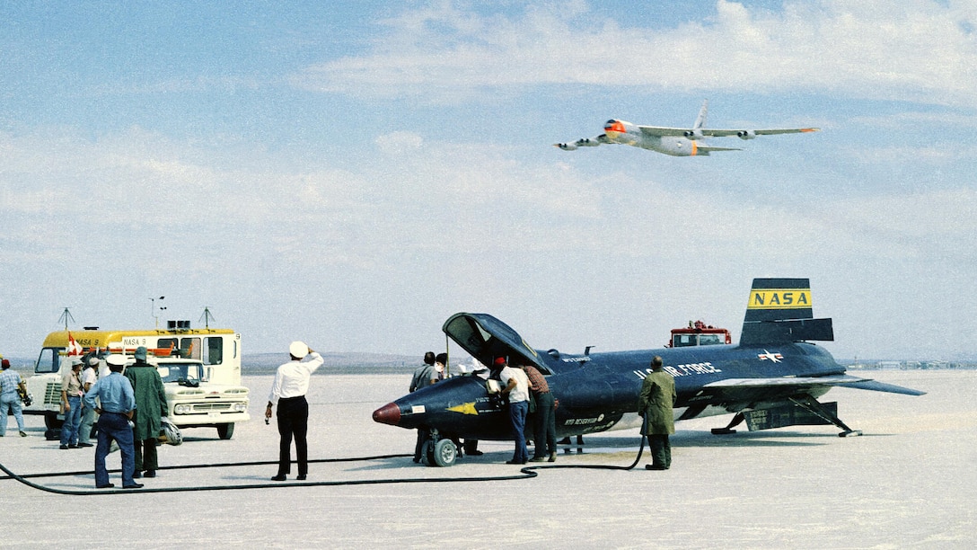 X-15 number 61-0034 sits on Rogers Dry Lake here as the B52 flies overhead in September, 1961. The 412th Test Wing’s Hypersonic CTF was involved in the testing of this aircraft, and has been operating at Edwards Air Force Base since the 1950s. The command of the Hypersonic CTF was shifted to Arnold Air Engineering and Development Center in Tennessee Thursday. The change is intended to streamline the functions involved in hypersonic research and flight test, from modeling to wind tunnels and ultimately flight test. (NASA courtesy photo)