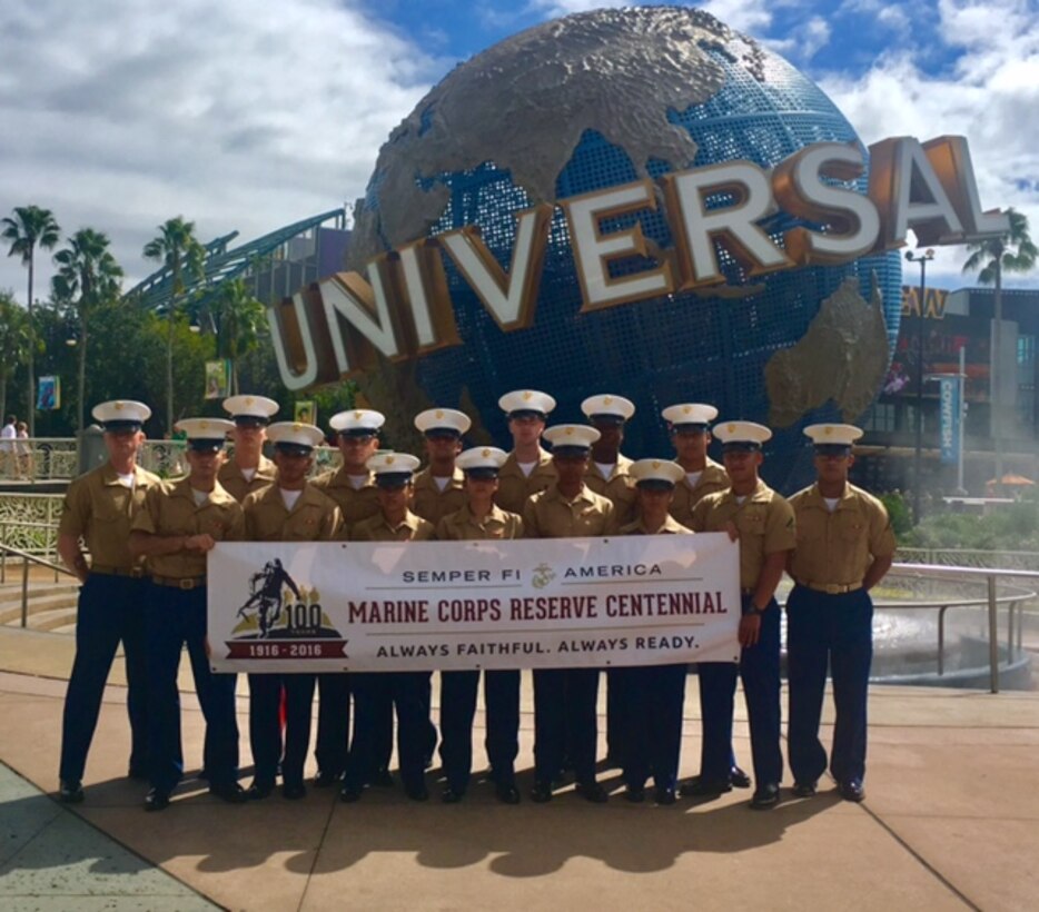 Marines from Motor Transport Company, Combat Logistics Battalion 451, Combat Logistics Regiment 45, pose with the Marine Corps Reserve Centennial banner at Universal Studios in Orlando, Oct. 16, 2016. Today, approximately 500 Reserve Marines are providing fully integrated operational support to Fleet and Combatant Commanders around the world.  For more information on the history and heritage of Marine Forces Reserve as well as current Marine stories and upcoming Centennial events, please visit www.marines.mil/usmcr100. 
