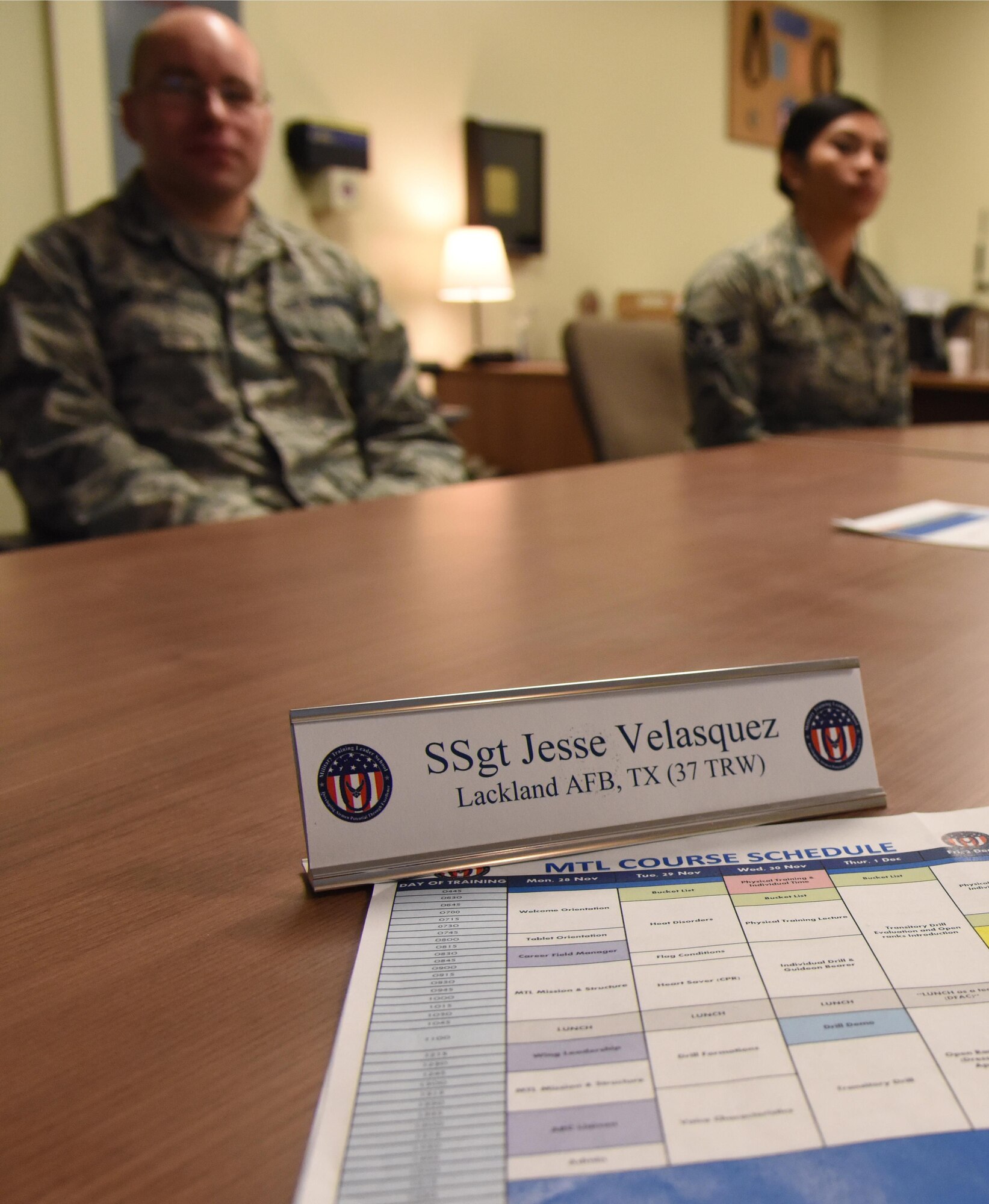 A Military Training Leader Course schedule sits on desk at the 81st Training Support Squadron Military Training Leader Course in Allee Hall Nov. 29, 2016, on Keesler Air Force Base, Miss. Leadership from the 81st Training Wing delivered remarks to the students who are part of the second class to attend the schoolhouse’s new four-week course curriculum. The course was upped from two weeks and boasts a higher level of hands-on, practical application than its previous format. (U.S. Air Force photo by Kemberly Groue)