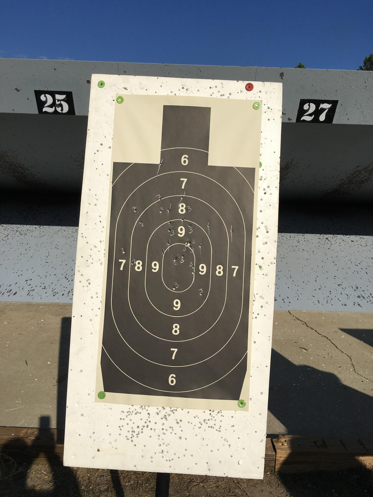 Col. Rene Leon’s target sits on the range at Hurlburt Field, Fla., Nov. 18, 2016. Leon, the maintenance division chief at Air Force Special Operations Command, placed among the top 10 percent and earned an Excellence in Competition Pistol Badge. (Courtesy photo)