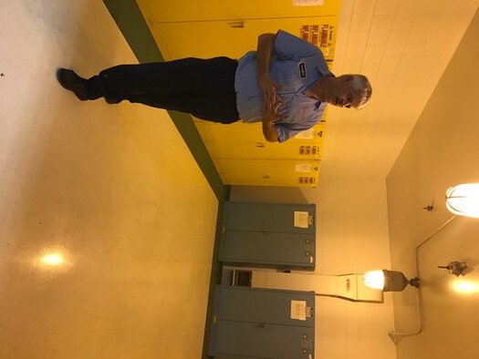 Aerospace Ground Equipment (AGE) Mechanic Mike Lunsford is in AGE Hazmat storage facility.  The facility stores all Hazmat items such as paints and lubrications and has received many recognitions from the Ohio Environmental Protection Agency. (U.S. Air Force photo/Stacey Geiger)