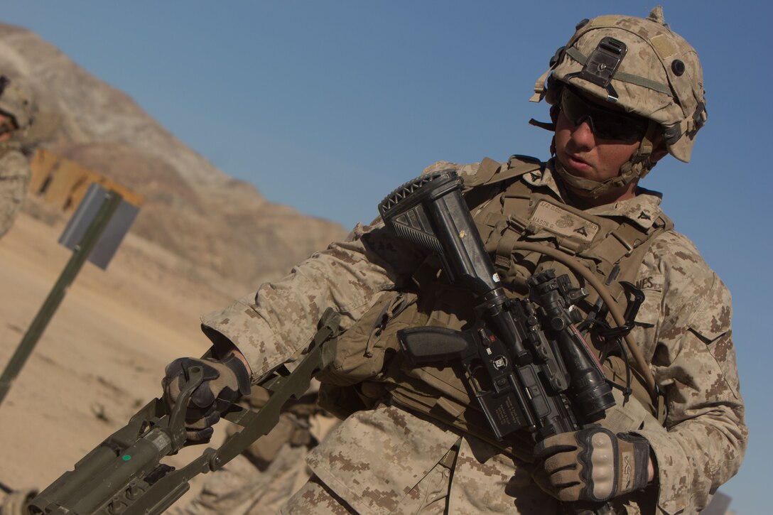 Lance Cpl. Garret Mason uses a metal detector to locate simulated improvised explosive devices during a route-clearing exercise at Marine Air-Ground Combat Center twenty-nine Palms, Calif., Nov. 8, 2016. Marines participated in an IED detection class as part of Integrated Training Exercise 1-17. Mason is a rifleman with 1st Battalion, 2nd Marine Regiment, 2nd Marine Division. (U.S Marine Corps photo by Lance Cpl. Juan A. Soto-Delgado)