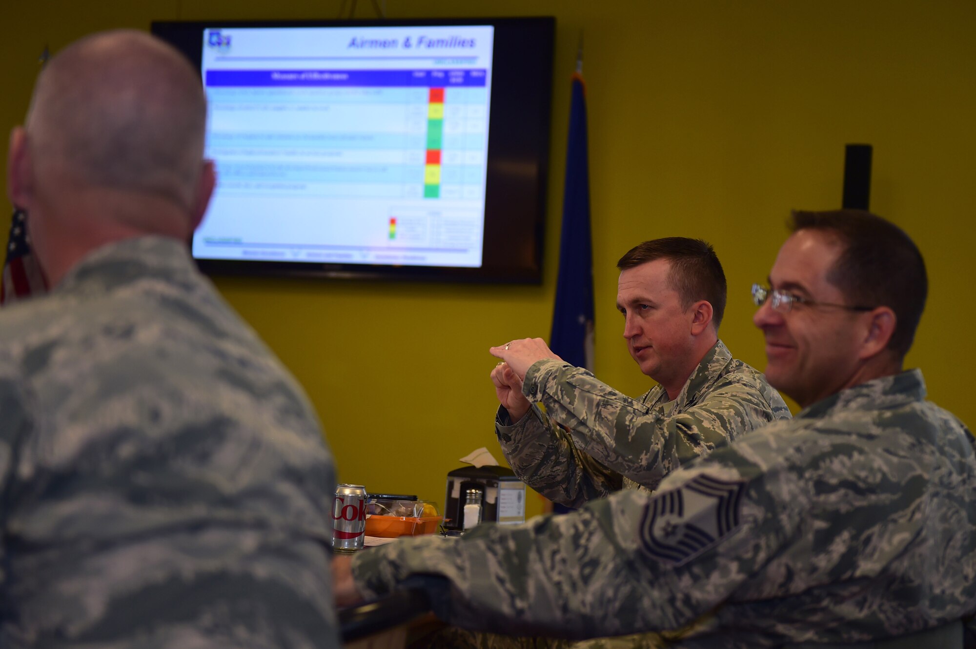 Col. Matthew Hanson, 460th Medical Group commander, discusses Airmen and their families during a Champions meeting Nov. 22, 2016, at the Panther Den on Buckley Air Force Base, Colo. The 460th SW Champions aim to improve all aspects of living and working on Buckley AFB for every level. They will meet bi-monthly with the wing commander to make sure the goals and improvements that have been set are being met.(U.S. Air Force photo by Airman 1st Class Gabrielle Spradling/Released)