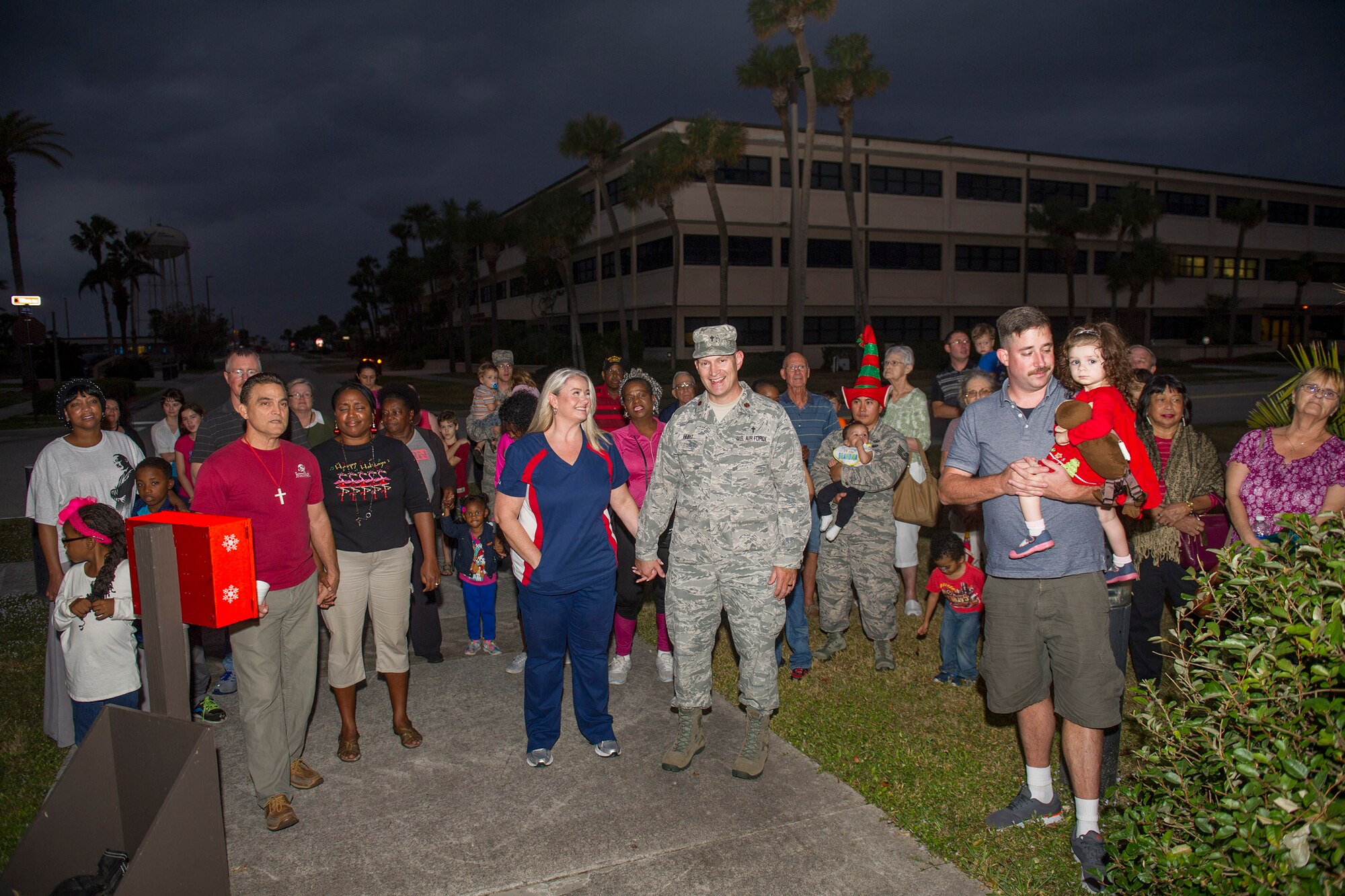 Patrons gather at the Seaside Chapel at Patrick Air Force Base, Fla., for the Christmas Tree Lighting Ceremony Nov. 30, 2016. (U.S. Air Force photo/Phil Sunkel) 