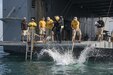 A U.S. Army engineer diver with the 511th Engineer Dive Detachment from Fort Eustis, Va., jumps off the MG Charles P. Gross (Logistics Support Vessel-5) and into the Arabian Gulf, off the coast of Kuwait Naval Base, to practice diving procedures Nov. 18, 2016. The two week training exercise, Operation Deep Blue, required Army divers to practice their diving procedures and react to underwater emergency scenarios. (U.S. Army photo by Sgt. Angela Lorden)