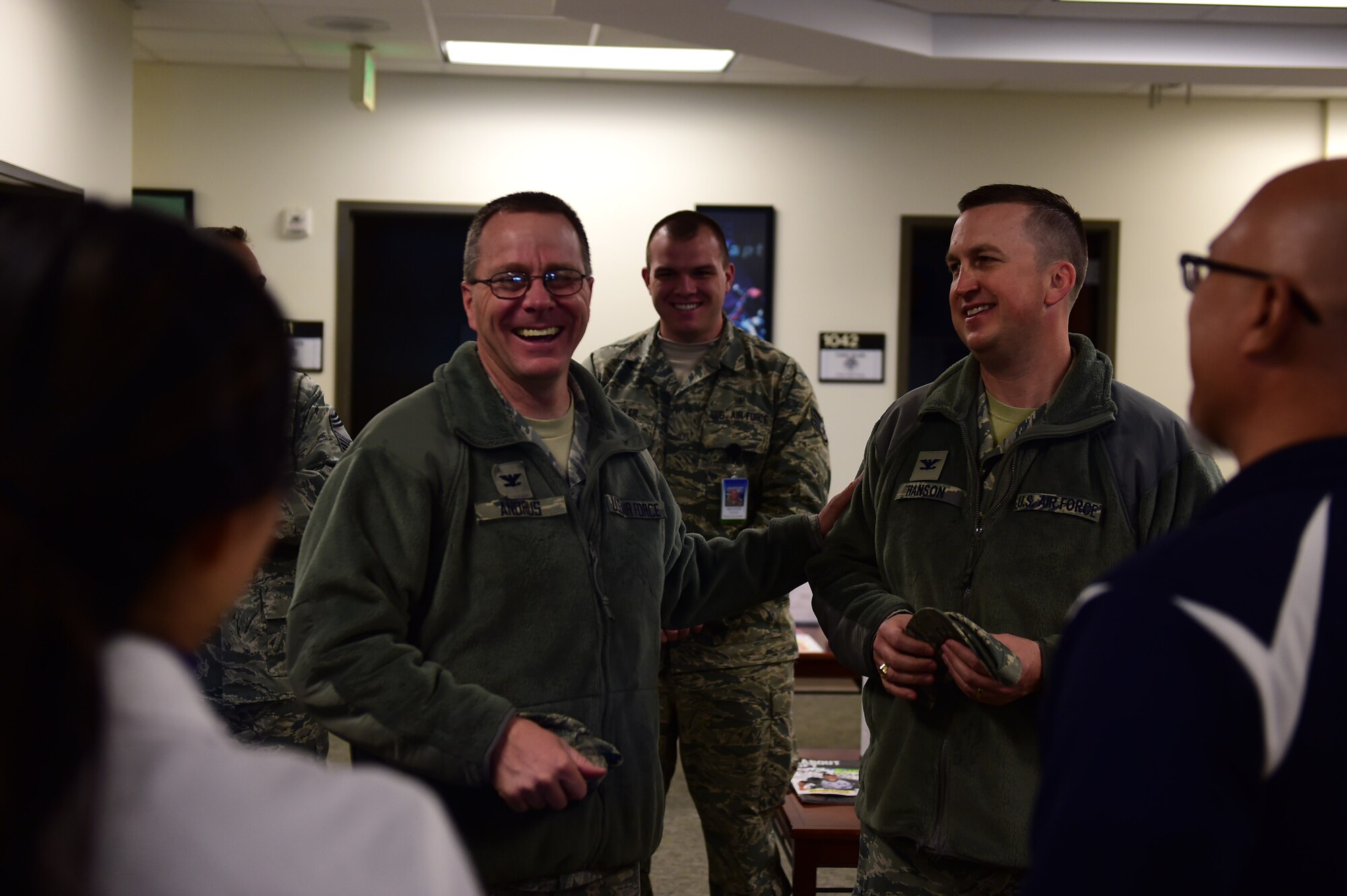 Col. John R. Andrus, Air Force Space Command Surgeon General, speaks with members of the 460th Medical Group Nov. 30, 2016, at the Health and Wellness Center on Buckley Air Force Base, Colo. Andrus toured units of the 460th MDG to get an in-depth look at their current and future plans for Buckley AFB. (U.S. Air Force photo by Airman Jacob Deatherage/Released)