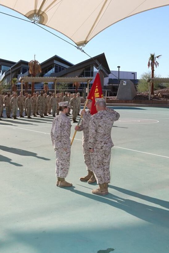 After a year of serving as Headquarters Company, Company Commander Capt Chenoweth passes the Company’s guidon on to Captain Malinowski who will assume the billet as the new Company Commander