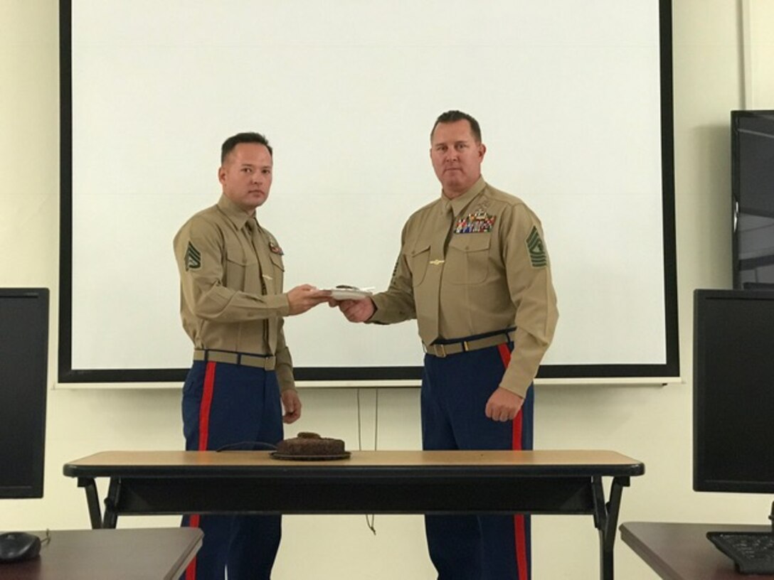 Marines of Explosive Ordnance Disposal Advanced Training Center (EODATC) recently celebrated the 241st birthday of the Corps.  As is tradition, the oldest (MGySgt Barker)and youngest (SSgt Strait) Marines present shared a piece of birthday cake.               
