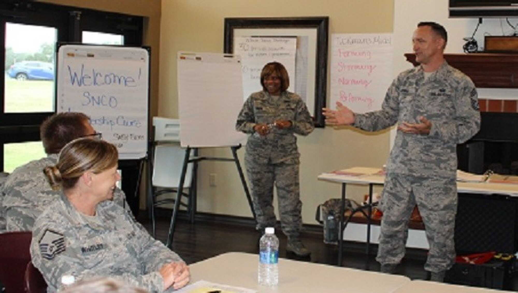 Chief Master Sgt. Jimmie Morris, 340th Flying Training Group Superintendent, gives a presentation on career development to students in the Air Force Reserve Command's Senior NCO Leadership Development Course held at Joint Base San Antonio-Randolph, Texas on Nov. 4-5. (Photo by MSgt. Sarah Cornelius).