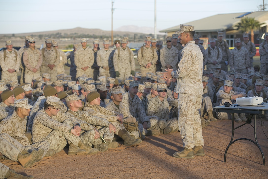Lt. Col. Christopher Meyers, commanding officer, 1st Tank Battalion, speaks with his Marines at the start of the battalion’s operational pause at Del Valle Field aboard the Marine Corps Air Ground Combat Center, Twentynine Palms, Calif., Nov. 29, 2016. During the operational pause, the Marines talked in guided discussions about various issues that are affecting units throughout the Marine Corps. (Official Marine Corps photo by Cpl. Thomas Mudd/Released)