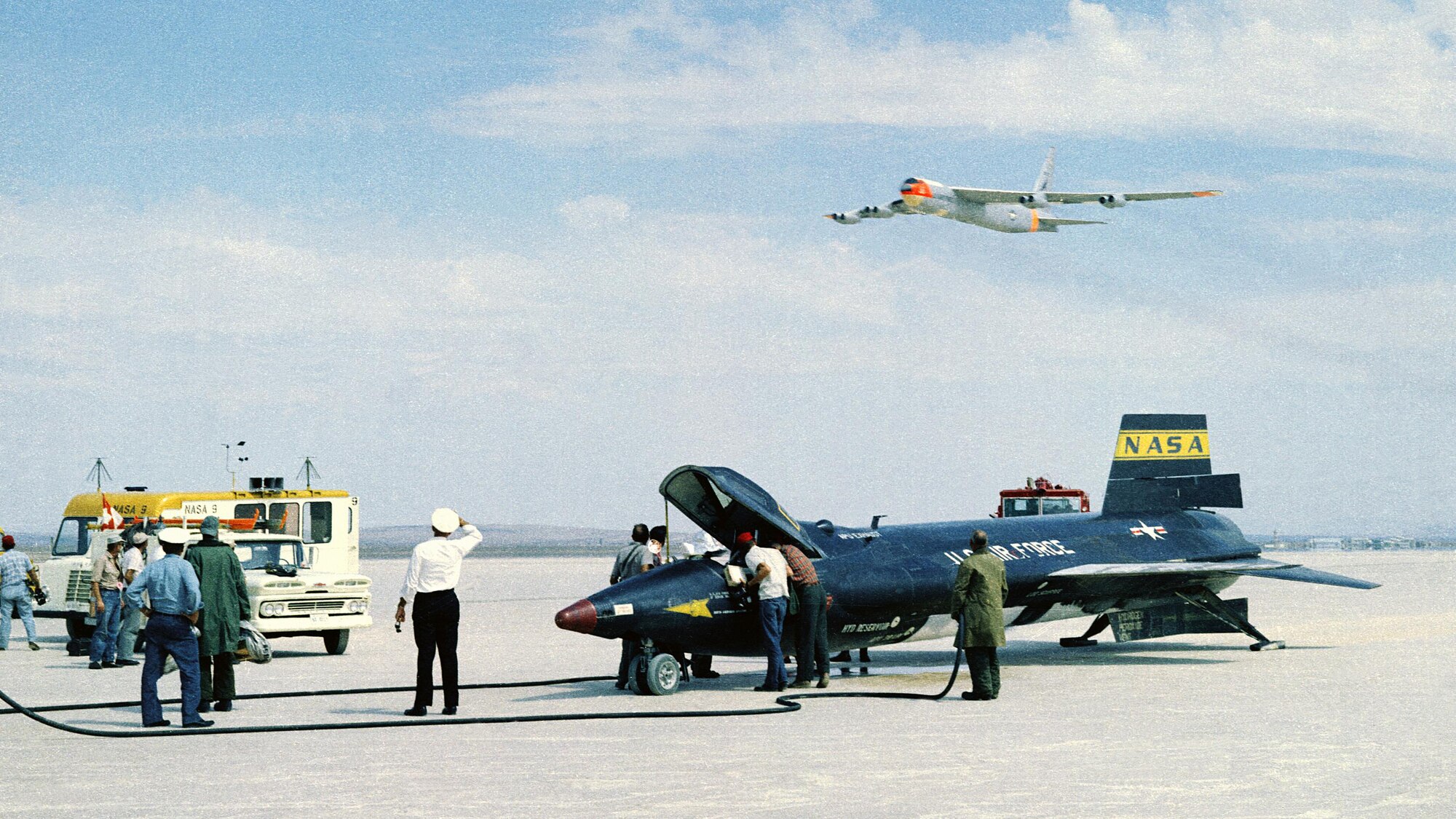 X-15 number 61-0034 sits on Rogers Dry Lake here as the B52 flies overhead in September, 1961. The 412th Test Wing’s Hypersonic CTF was involved in the testing of this aircraft, and has been operating at Edwards Air Force Base since the 1950s. The command of the Hypersonic CTF was shifted to Arnold Air Engineering and Development Center in Tennessee Thursday. The change is intended to streamline the functions involved in hypersonic research and flight test, from modeling to wind tunnels and ultimately flight test. (NASA courtesy photo)