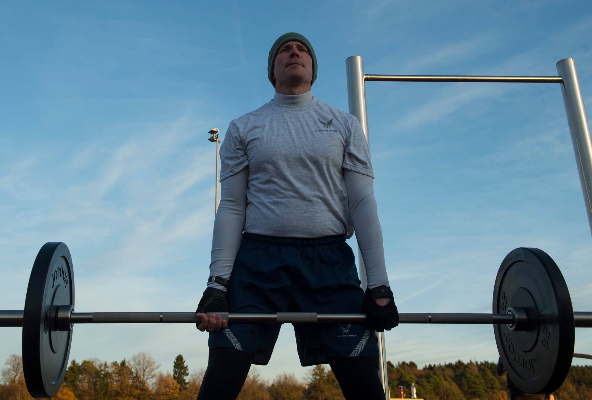 U.S. Air Force Col. Steven Horton, 52nd Fighter Wing vice commander, performs a deadlift exercise using the new Fitness-In-A-Box outside the Powerhaus Fitness Center on Spangdahlem Air Base, Germany, Nov. 30, 2016. The physical training session included wing leadership working out with Fitness-In-A-Box, a lockable unit complete with strength and conditioning training equipment. (U.S. Air Force by Senior Airman Dawn M. Weber)