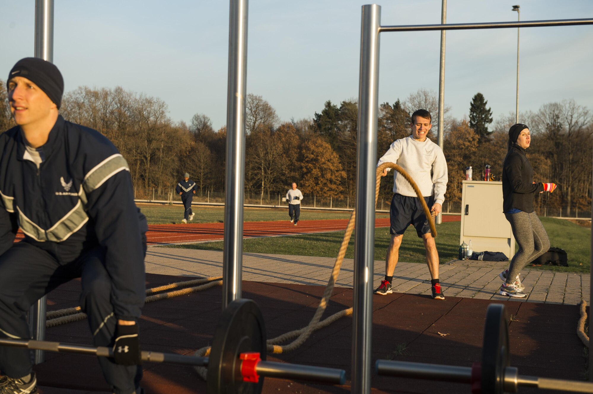 Airmen from the 52nd Fighter Wing utilize equipment using the new Fitness-In-A-Box outside the Powerhaus Fitness Center on Spangdahlem Air Base, Germany, Nov. 30, 2016. With the funding from the Commander in Chief’s Installation Excellence Award, the 52nd FW purchased, Fitness-In-A-Box, a military exercise unit containing strength and conditioning training equipment in a lockable storage locker. (U.S. Air Force photo by Senior Airman Dawn M. Weber)