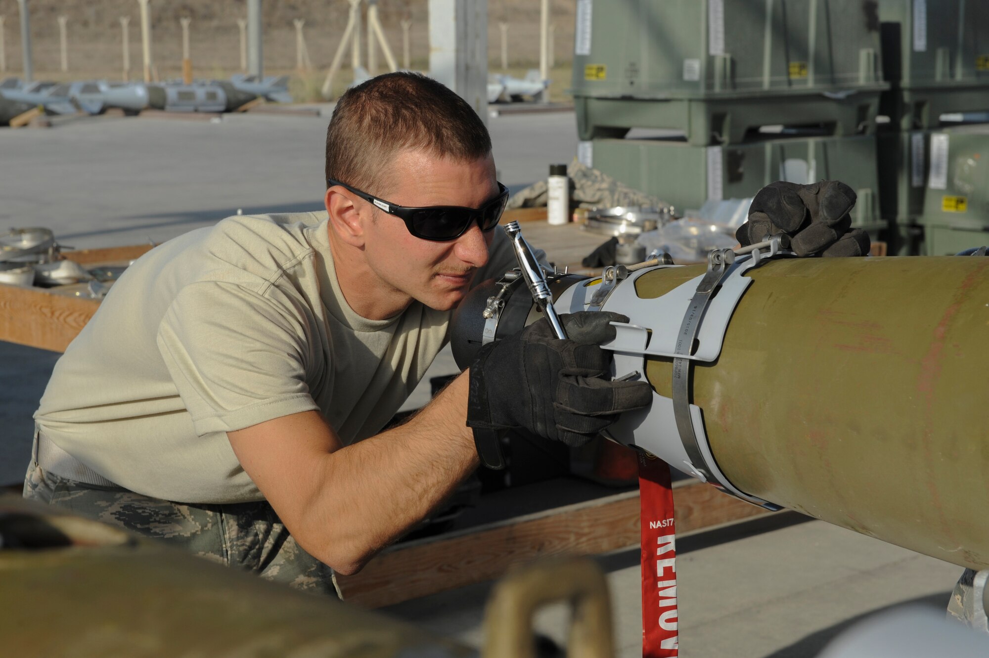 U.S. Air Force Staff Sgt. Benjamin, a 447th Expeditionary Aircraft Maintenance Squadron munitions systems journeyman, aligns a nose cone on a GBU-54 Laser Joint Direct Attack Munition bomb Oct. 29, 2016, at Incirlik Air Base, Turkey. The bombs are primarily loaded onto A-10 Thunderbolt IIs that operate out of Incirlik. (U.S. Air Force photo by Airman 1st Class Devin M. Rumbaugh)

