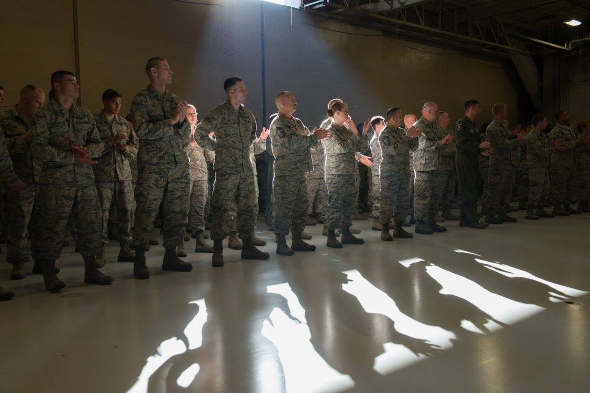 Airmen of the 934th Airlift Wing await the start of the wing commander's call Nov. 5.