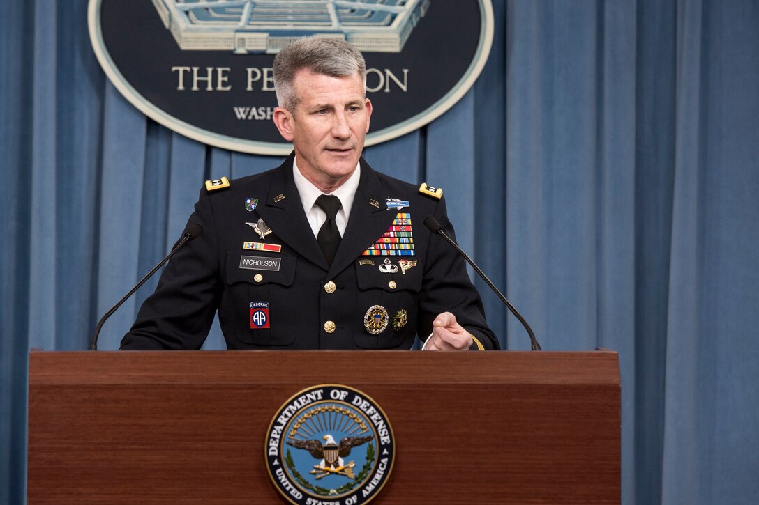Army Gen. John W. Nicholson, commander of U.S. Forces Afghanistan and NATO’s Resolute Support mission, briefs reporters at the Pentagon, Dec. 2, 2016. DoD photo by Air Force Staff Sgt. Jette Carr