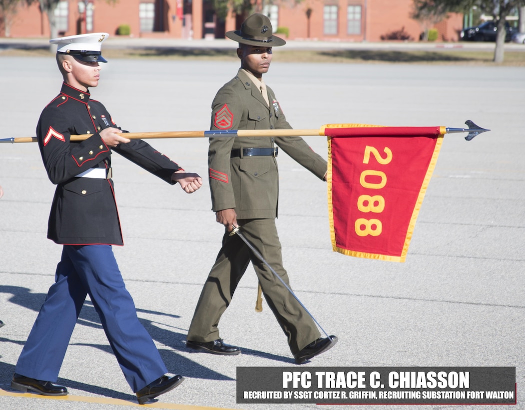 Private First Class Trace C. Chiasson marches across the parade deck during the pass and review  portion of recruit graduation Dec. 2, 2016, aboard Marine Corps Recruit Depot, Parris Island, South Carolina. Chiasson is the honor graduate of platoon 2088 and was recruited by Staff Sgt. Corez R. Griffin from Fort Walton, Florida. (Official Marine Corps photo by Cpl. Diamond N. Peden/Released)