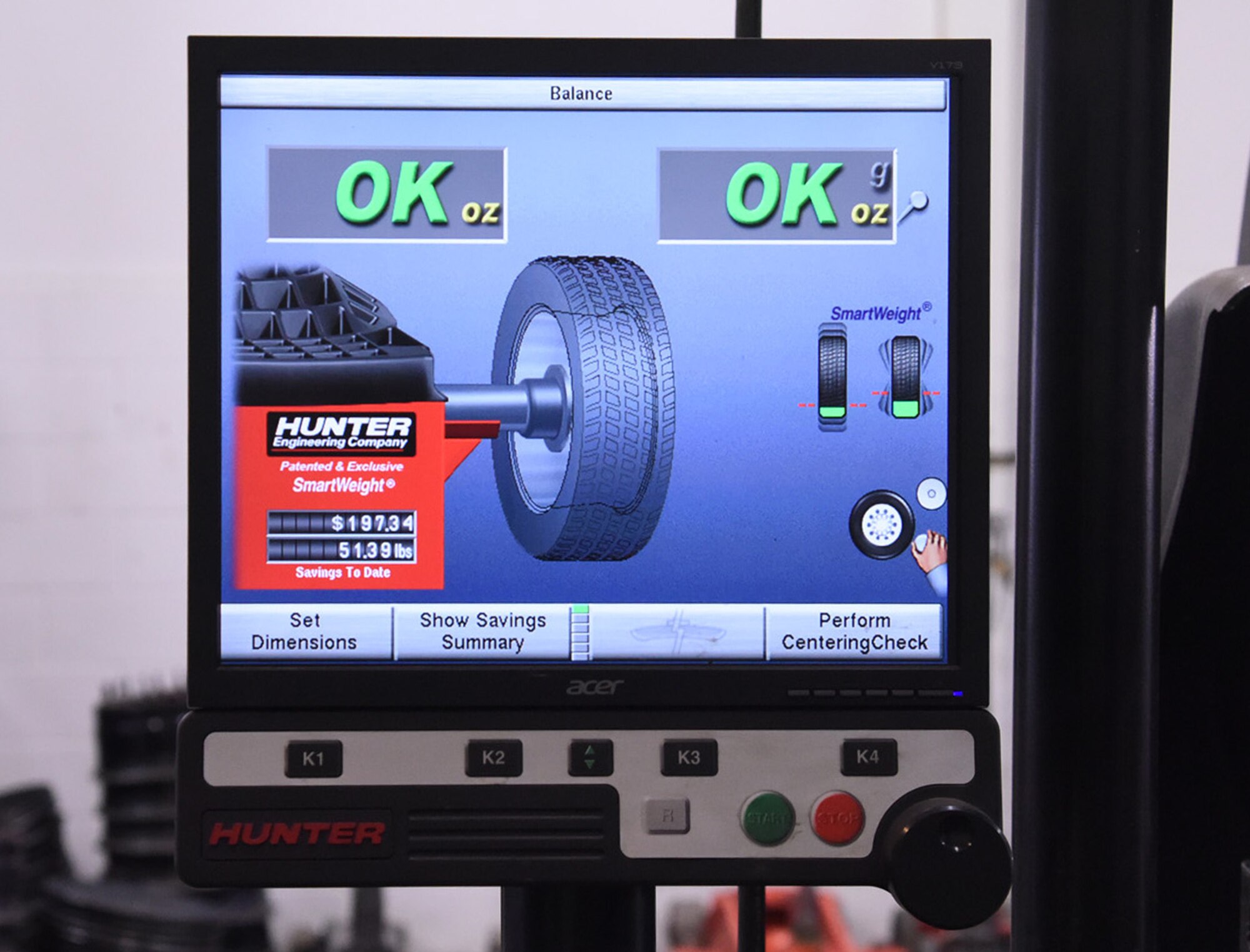 A tire balancing machine displays the rating of a tire at the 341st Logistics Readiness Squadron tire shop Nov. 29, 2016, at Malmstrom Air Force Base, Mont. The tire balancing machine shows where a tire is not balanced, and where weight can be added to make it balanced. (U.S. Air Force photo/Senior Airman Jaeda Tookes)