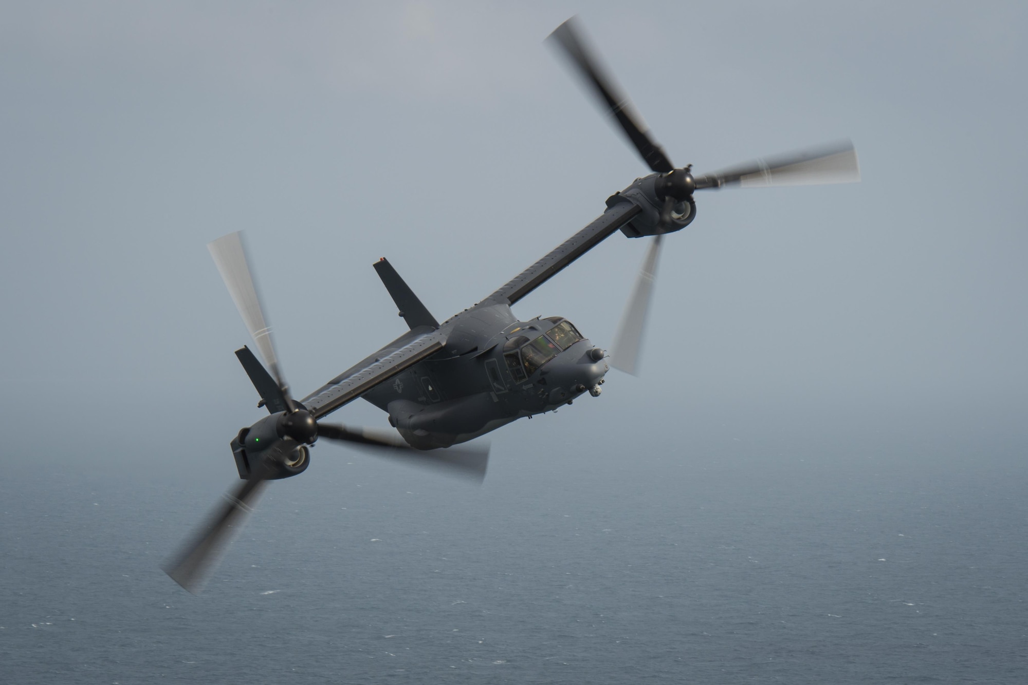 A CV-22 Osprey tiltrotor aircraft assigned to the 8th Special Operations Squadron flies over the Gulf of Mexico during a training mission, Nov. 30, 2016. The Osprey combines the vertical takeoff, landing and hover capabilities of a helicopter with the long-range, fuel efficient and speed characteristics of a turboprop aircraft. (U.S. Air Force photo by Airman 1st Class Joseph Pick)