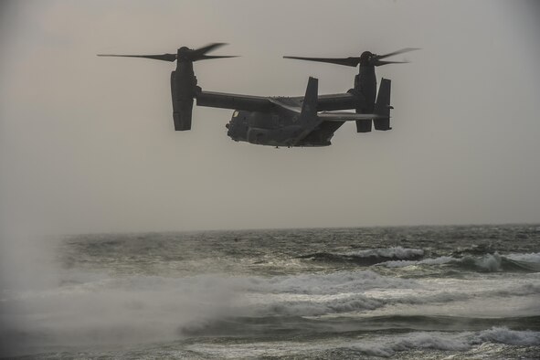 A CV-22 Osprey tiltrotor aircraft assigned to the 8th Special Operations Squadron flies over the Gulf of Mexico during a training mission, Nov. 30, 2016. Air Commandos with the 8th SOS conduct water training as a way to maintain relevance for tomorrow and ensure readiness for global special operations. (U.S. Air Force photo by Airman 1st Class Joseph Pick)