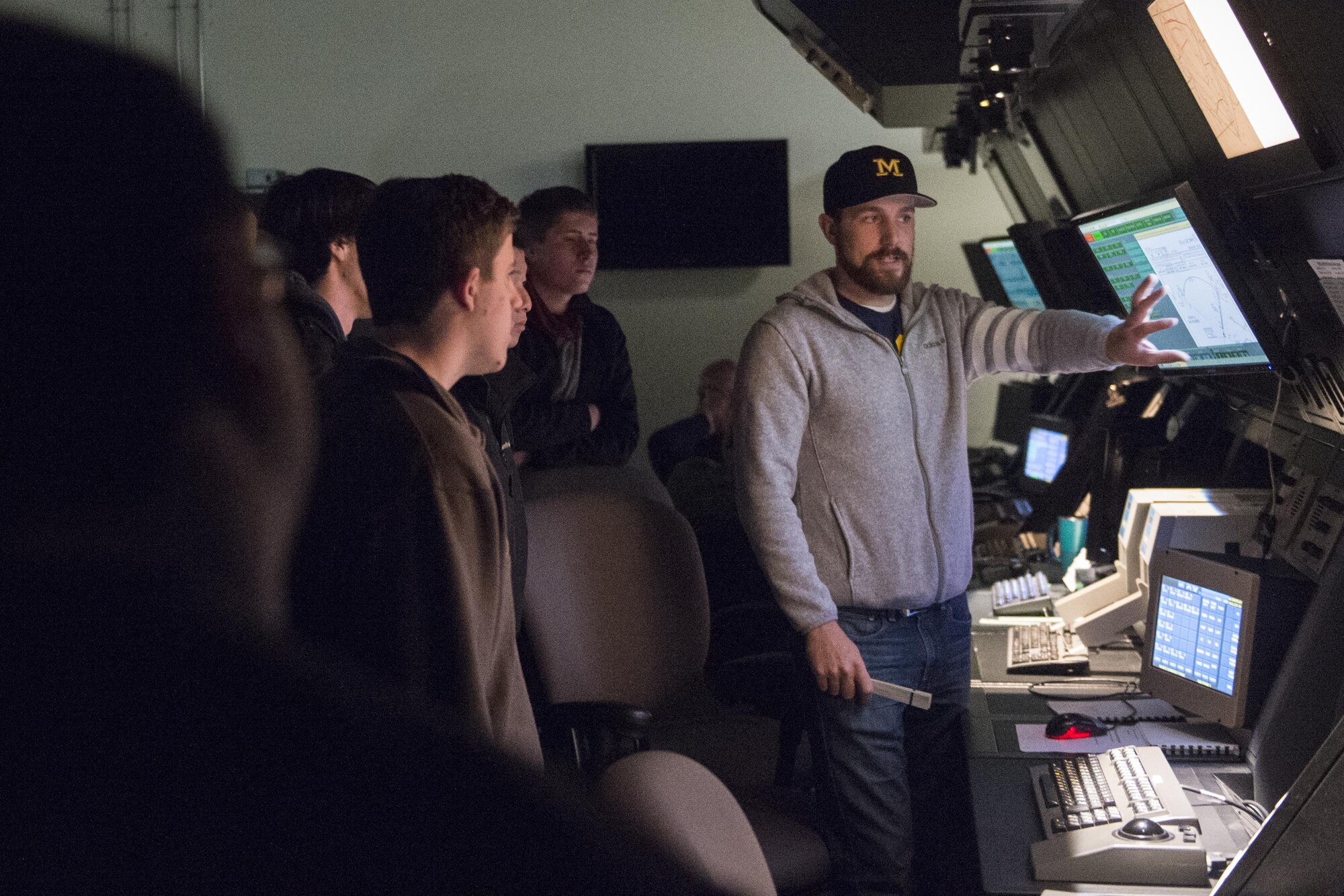 Brandon Rockman, 434th Operations Support Squadron air traffic control specialist, shows students from Purdue University, Indiana, the air space Grissom ATC manages during their tour at Grissom Air Reserve Base, Ind., Nov. 19, 2016. Grissom ATC manages all commercial, civilian and military air traffic between Chicago and Indianapolis, going as far west as Lafayette, Ind., up to 10,000 feet. (U.S. Air Force photo/Tech. Sgt. Benjamin Mota)