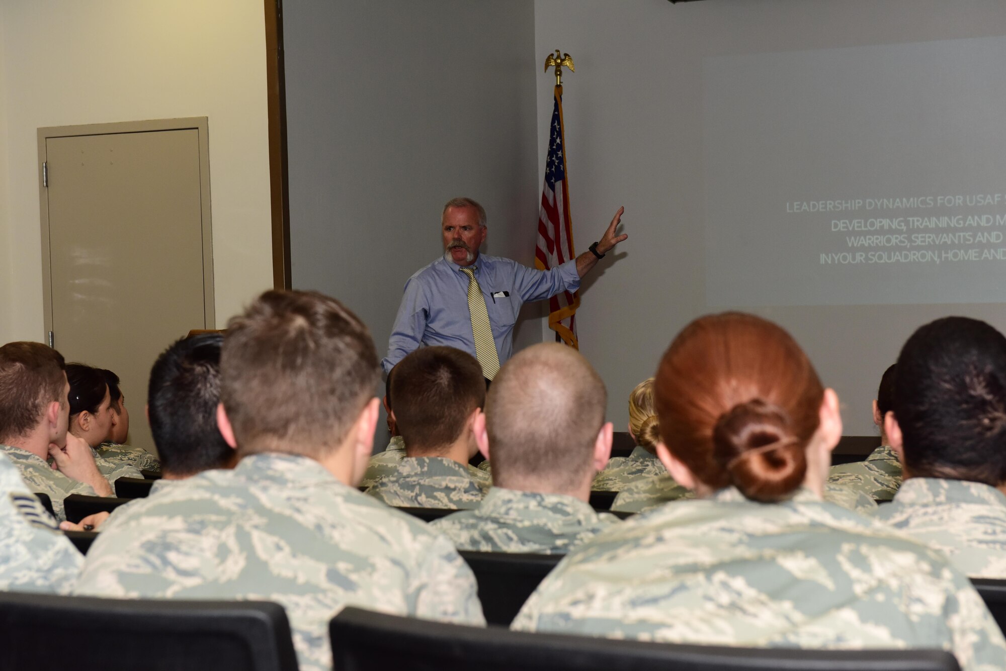 Pat Welsh, the founder and president of PJ Welsh and Associates, LLC, a training and coaching service, trains 509th Security Forces Squadron (SFS) at Whiteman Air Force Base, Mo., Nov. 28, 2016. Welsh’s training is tailored to Air Force security forces personnel and gives Airmen the tools to develop and training warrior, servants and leaders in the community, at home and in the squadron.