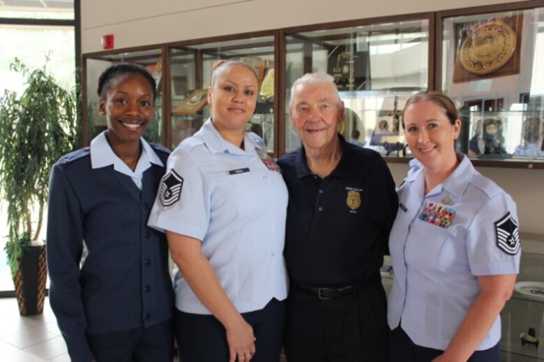 Chief Master Sgt. of the Air Force #5 Robert D. Gaylor with AFOSI HQ staff members, left to right, Staff Sgt. Marquita Allen, Master Sgt. Kassandra Tindal, and Master Sgt. Mary Holycross during the 2016 AFOSI SNCO Professional Development Seminar at Joint Base San Antonio-Lackland, Texas. (Courtesy photo)   