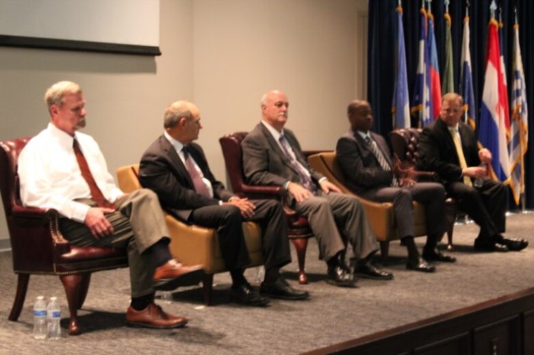 The AFOSI Legends Panel, left to right, Mr. Tim Olive, Mr. Ray Carter, Mr. Richard Abboud, Mr. Howard Cary and Mr. Ken Sallinger address the 2016 OSI SNCO PDS attendees during a Q & A session at Joint Base San Antonio-Lackland, Texas. (Courtesy photo)