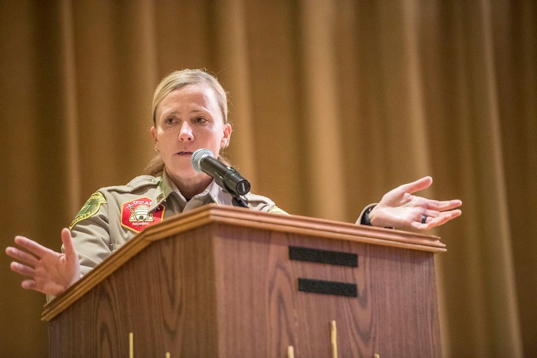 Davis County Sherriff’s Office Capt. Jen Daley speaks during a DUI and distracted driving event Dec. 2 at Hill Air Force Base. Daley shared a personal account of the death of her sister during a drunken driving incident. (U.S. Air Force photo by Paul Holcomb) 