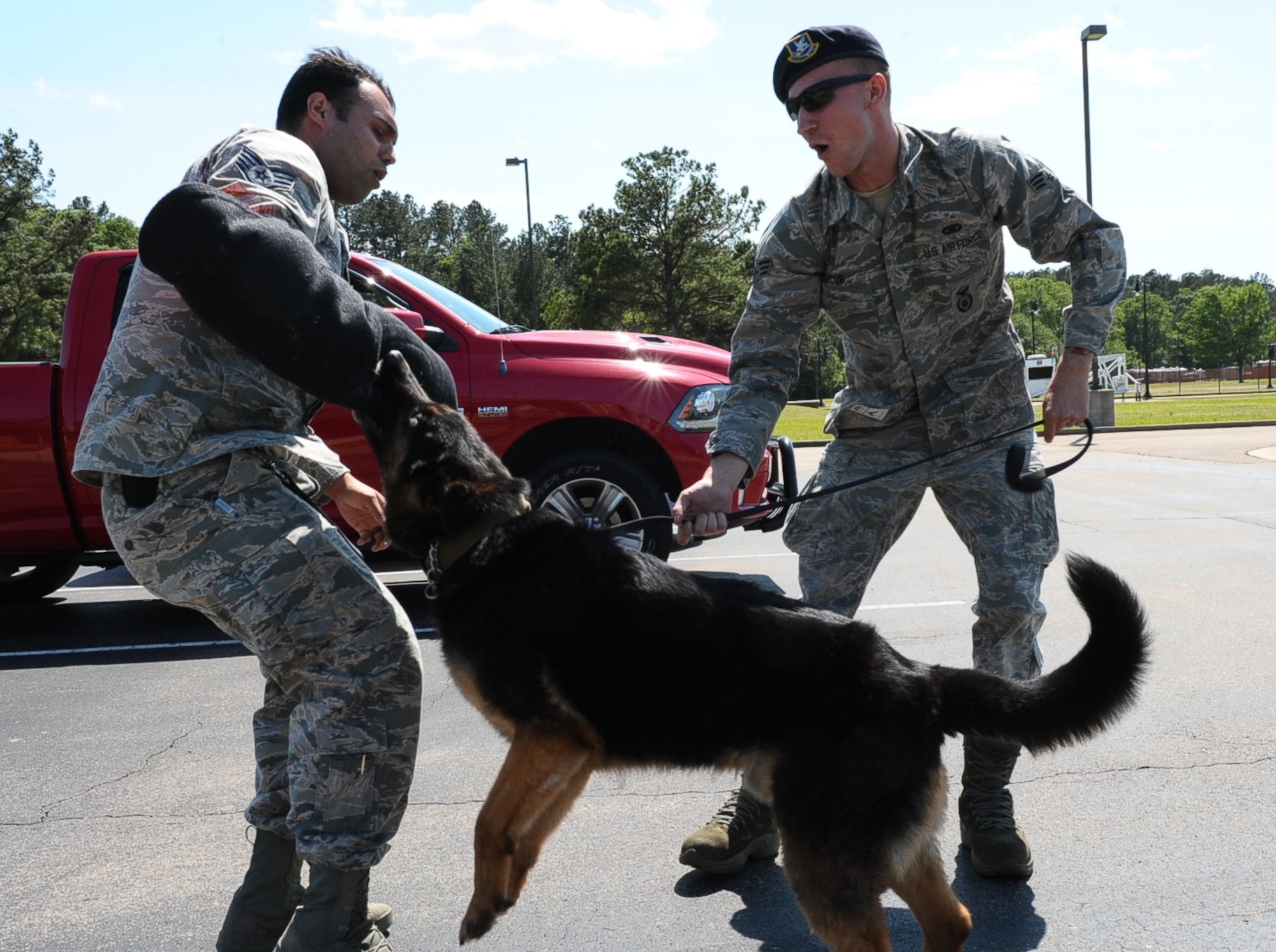 Staff Sgt. Jimmy Juarez and Senior Airman Kyle Jacob, 14th Security Forces Squadron Military Working Dog Handlers, train MWD Rex on taking down personnel running from security forces May 5 at Columbus Air Force Base, Mississippi. Their motto is, “We defend … day and night.” (U.S. Air Force photo by Senior Airman Kaleb Snay)