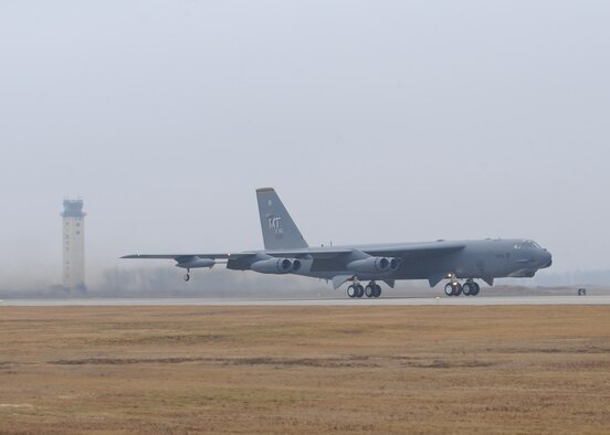 A U.S. Air Force B-52H Stratofortress takes off in support of the 5th Bomb Wing's support of U.S. Pacific Command’s Continuous Bomber Presence at Andersen Air Force Base, Guam. This short-term deployment will ensure bomber crews maintain a high state of readiness and crew proficiency, and will provide opportunities to integrate capabilities with regional partners in the Indo-Asia-Pacific region.
 (U.S. Air Force photo/Staff Sgt. Keith Ballard)