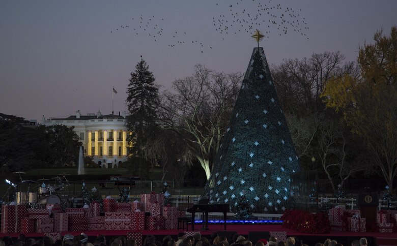 The National Christmas Tree remains unlit before the 2016 National Christmas Tree Lighting Ceremony in Washington, D.C., Dec. 1, 2016. The annual tree lighting tradition began in 1923 and has continued every year since. This year’s event included performances from a variety of artists, a storybook reading, and a speech by President Barack Obama. (U.S. Air Force photo by Senior Airman Jordyn Fetter)