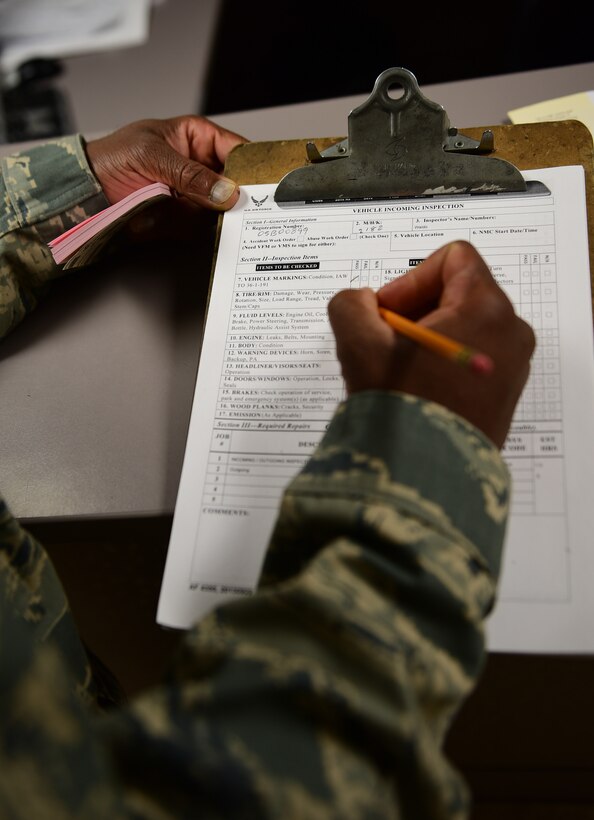 Tech. Sgt. Dwain Waldo, non-commissioned officer in charge of customer service assigned to the 28th Logistics Readiness Squadron, reviews a vehicle inspection checklist at Ellsworth Air Force Base S.D., Nov. 29, 2016. Customer service technicians ensure all government vehicles pass inspection before releasing it back to the customer. (U.S. Air Force photo by Airman 1st Class James L. Miller) 