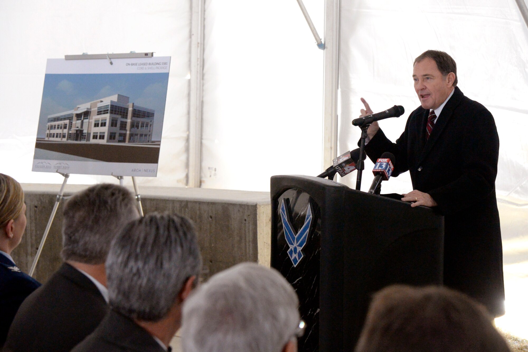 Utah Governor Gary Herbert speaks during a groundbreaking ceremony Dec. 2 at Hill Air Force Base. The governor highlighted Hill’s crucial role in modernizing national defense. The base hosts the Air Force’s first operational F-35 wing and is home to maintenance on several aircraft, including the Air Force’s fifth generation fighters – the F-22 and the F-35. The base is also home to the Intercontinental Ballistic Missile Systems Directorate, which will oversee the multi-billion-dollar Minuteman III missile replacement program. (U.S. Air Force photo by Todd Cromar)