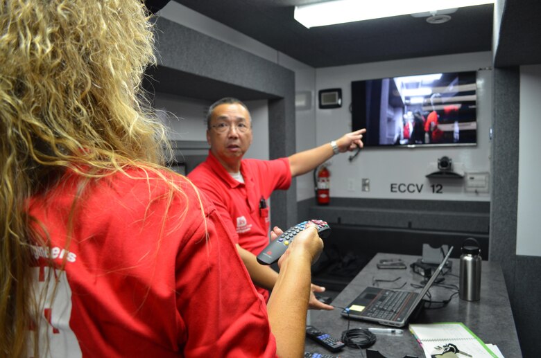 Sacramento District’s Moe Adams and Kenneth Kuo test communications functions during a three-day simulation exercise held at Black Butte Lake near Orland, California in mid-November. This all-volunteer team is composed of U.S. Army Corps of Engineers employees who deploy to significant man-made and natural disaster sites and provide a platform for critical operations and communications.