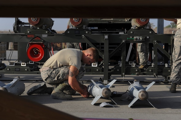 U.S. Air Force Senior Airman Adam, a 447th Expeditionary Aircraft Maintenance Squadron munitions systems journeyman, prepares the tail section of a GBU-54 Laser Joint Direct Attack Munition bomb Oct. 29, 2016, at Incirlik Air Base, Turkey. The bombs built and delivered by the Airmen are primarily used by the A-10 Thunderbolt II, an aircraft designed for close air support of ground forces. (U.S. Air Force photo by Airman 1st Class Devin M. Rumbaugh)
