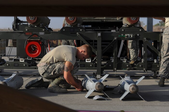 U.S. Air Force Senior Airman Adam, a 447th Expeditionary Aircraft Maintenance Squadron munitions systems journeyman, prepares the tail section of a GBU-54 Laser Joint Direct Attack Munition bomb Oct. 29, 2016, at Incirlik Air Base, Turkey. The bombs built and delivered by the Airmen are primarily used by the A-10 Thunderbolt II, an aircraft designed for close air support of ground forces. (U.S. Air Force photo by Airman 1st Class Devin M. Rumbaugh)