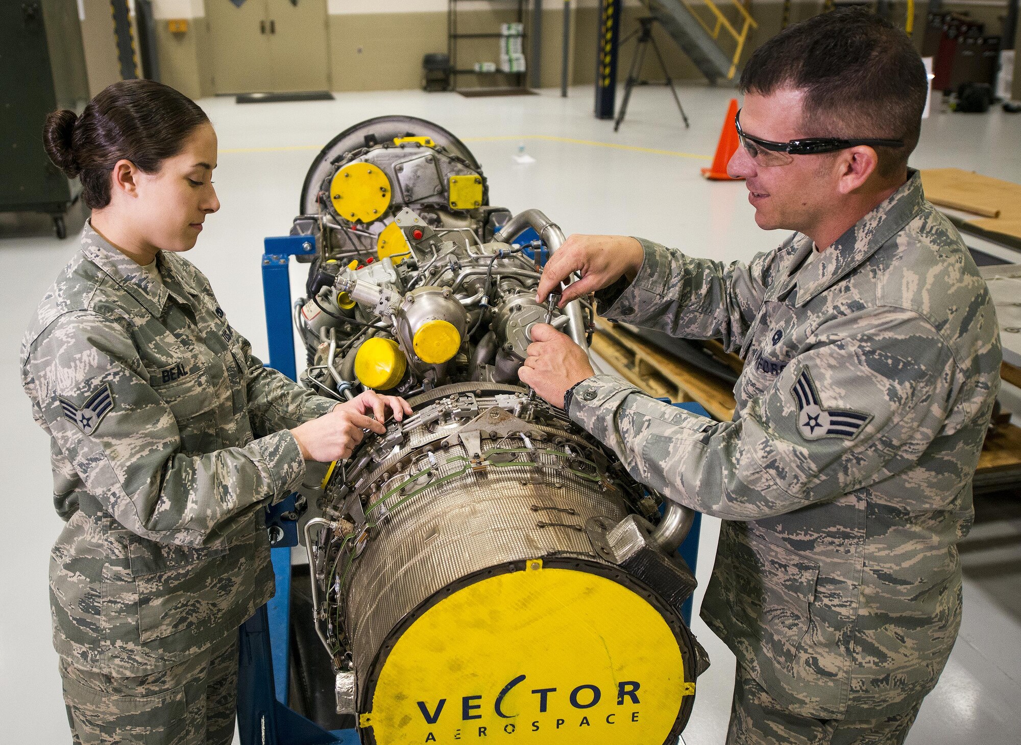 919th Special Operations Maintenance Group Airmen work on a C-146 engine at Duke Field, Fla.  (U.S. Air Force photo/Tech. Sgt. Sam King)
