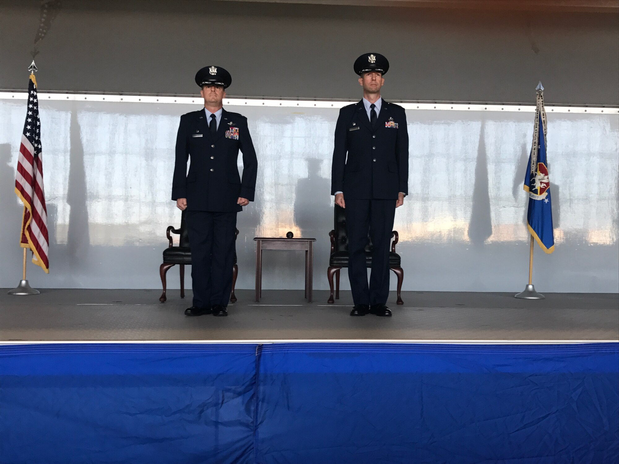 Colonel Frank Amodeo 927th Air Refueling Wing Commander stands with Lt. Col. Kristofer “Scot” Terry during an assumption of command ceremony held at MacDill Air Force Base, FL Dec. 3, 2016. Terry assumed command of the 927th Maintenance Group after serving at Air Force Reserve Headquarters as chief of the Aircraft Maintenance Management Branch. (U.S. Air Force photo by Senior Airman Xavier Lockley) 