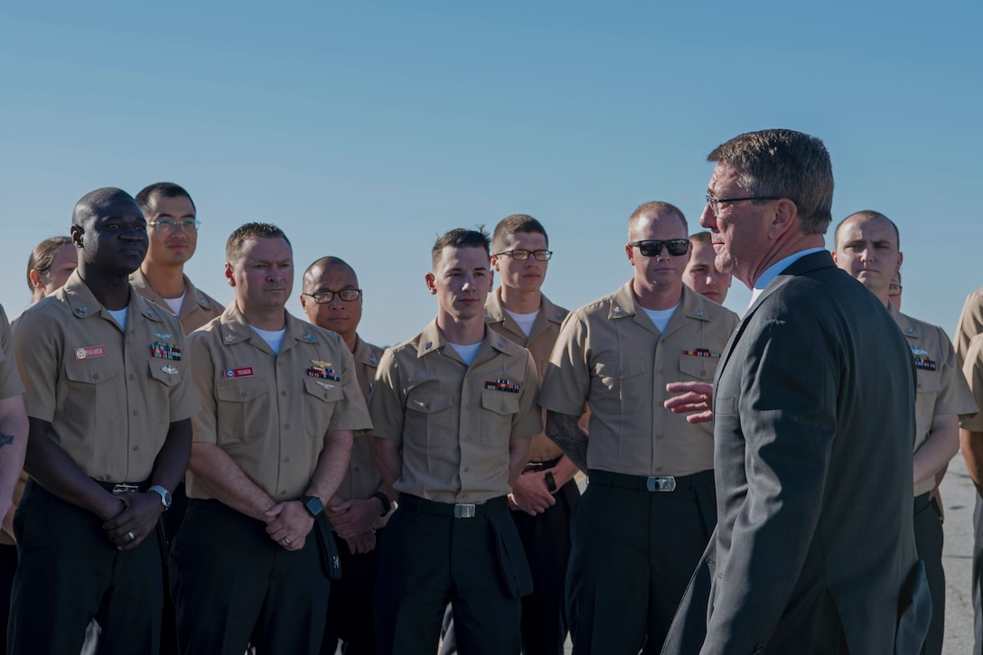 Defense Secretary Ash Carter meets with sailors during a stop at Naval Air Station Point Mugu.
