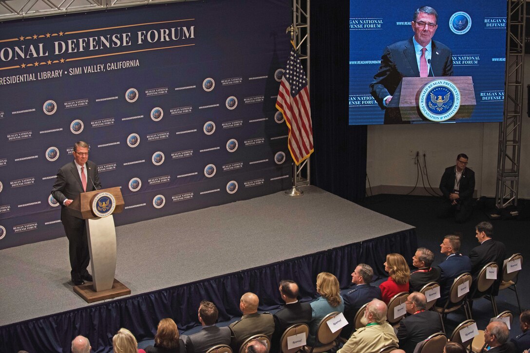 Defense Secretary Ash Carter delivers remarks during the closing session at the Reagan National Defense Forum.