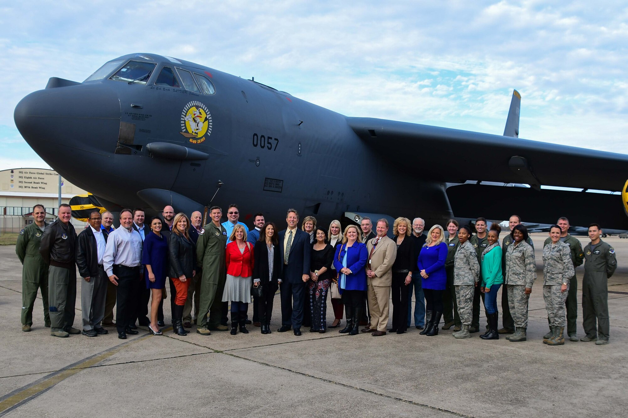 Members of the 93rd Bomb Squadron and Margaritaville Resort and Casino stand in front of a B-52 Stratofortress at Barksdale Air Force Base, December 2, 2016. The photo was taken in honor of Barry Regula, Vice President and General Manager of Margaritaville, being appointed as Honorary Commander of the 93rd Bomb Squadron. The Honorary Commanders’ Program was created to strengthen community relations between the 307th Bomb Wing and leaders throughout the Shreveport/Bossier City area. It is also designed to increase public awareness and understanding of the Air Force Reserve mission, and sustain its members reserve-work-life balance. (U.S. Air Force photo by Master Sgt. Laura Siebert/released)