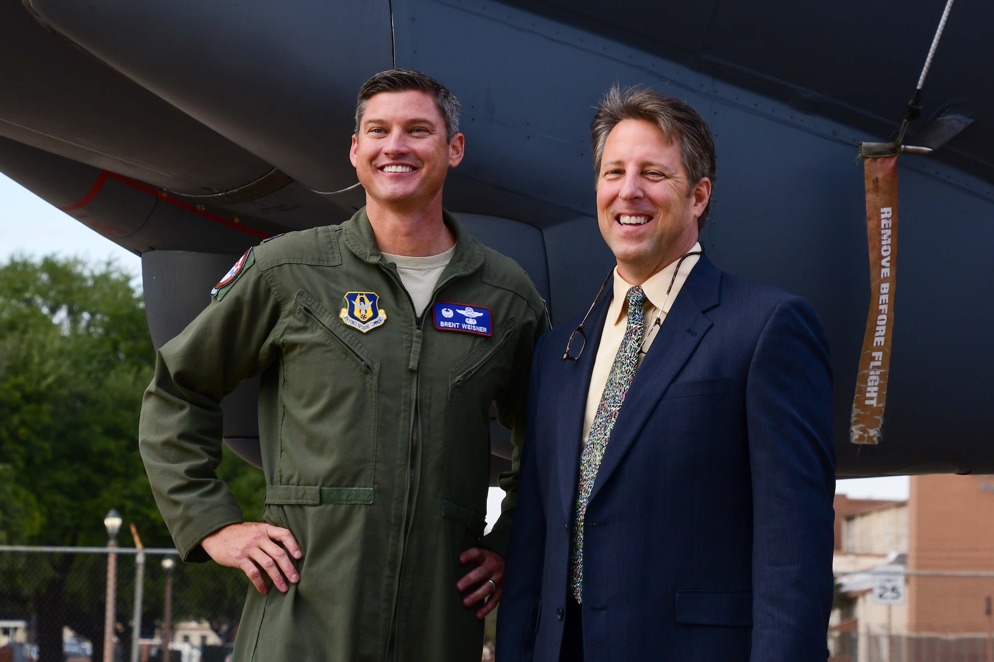 U.S. Air Force Lt. U.S. Air Force Lt. Col. Brent Weisner, 93rd Bomb Squadron commander and Barry Regula, Vice President and General Manager of Margaritaville Resort Casino, stand together in front of a B-52 Stratofortress after Regula was appointed as Honorary Commander of the squadron at Barksdale Air Force Base, La. ,December 2, 2016.  Regula is the first person to receive the honor from the 93rd Bomb Squadron and the 307th Bomb Wing. The Honorary Commanders’ Program was created to strengthen community relations throughout the Shreveport/Bossier City area and increase public awareness and understanding of the Air Force Reserve. (U.S. Air Force photo by Master Sgt. Laura Siebert/released)
