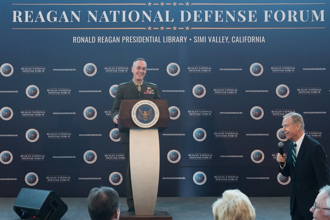 Marine Corps Gen. Joe Dunford, chairman of the Joint Chiefs of Staff, takes questions after delivering a keynote speech at the Reagan National Defense Forum in Simi Valley, Calif., Dec. 3, 2016.  DoD photo by D. Myles Cullen