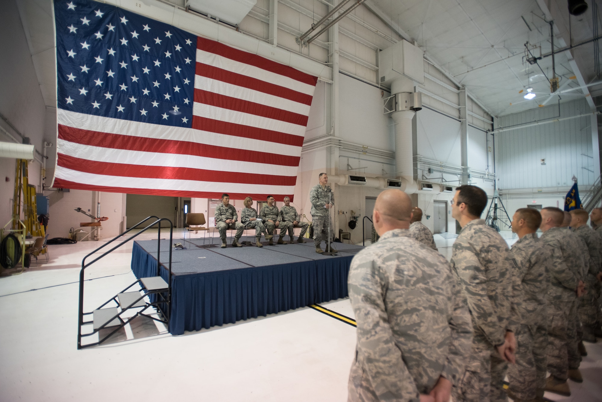 Col. Scott Chambers, the National Guard Bureau’s deputy director of logistics for installations, addresses members of the 123rd Civil Engineer Squadron in the Fuel Cell Hangar at the Kentucky Air National Guard Base in Louisville, Ky., Nov. 11 2016. The unit was just named the top civil engineering unit in the Air National Guard and the Air Reserve Component. (U.S. Air National Guard photo by Master Sgt. Phil Speck)

