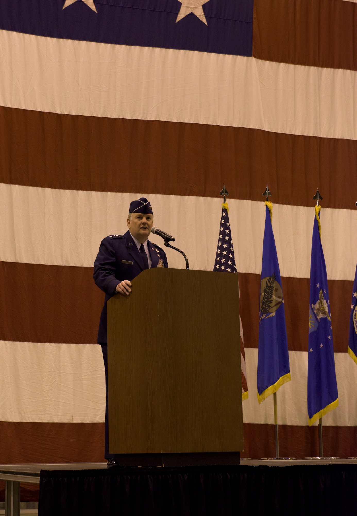 Air Force Special Operations Command Commander Lt. Gen. Marshall Brad Webb speaks to the audience at the re-designation ceremony of the 137th Special Operations Wing at Will Rogers Air National Guard Base, Oklahoma City, Dec. 3, 2016. The ceremony marks the official transition of the Wing from its former air refueling mission to its current special operations mission, making the Wing the second Air National Guard wing to be a part of AFSOC and the only U.S. Air Force entity to fly and maintain the MC-12W. (U.S. Air National Guard photo by Tech. Sgt. Caroline Essex)