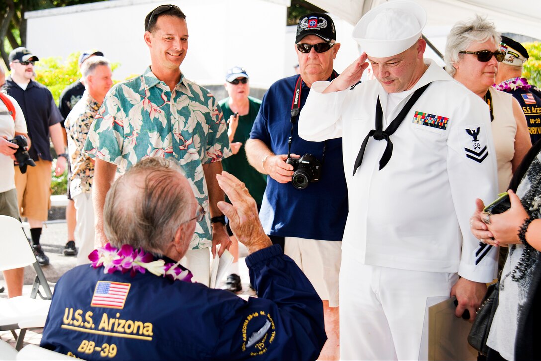 Navy Petty Officer 2nd Class Kevin Smith, right, a Navy Reservist from Frederick, Maryland, salutes Pearl Harbor attacks survivor Donald Stratton during a ceremony to honor the fallen men of the battleship USS Arizona at National Memorial Cemetery of the Pacific in Honolulu, Hawaii, Dec. 2, 2016. Navy photo by Petty Officer 2nd Class Gabrielle Joyner