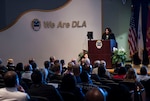 Stacey Halfmoon, director of American Indian Relations for the Ohio History Connection, speaks to federal employees and military personnel at Defense Supply Center Columbus. The Nov. 30 event was part of the installation's observance of National American Indian History Month.