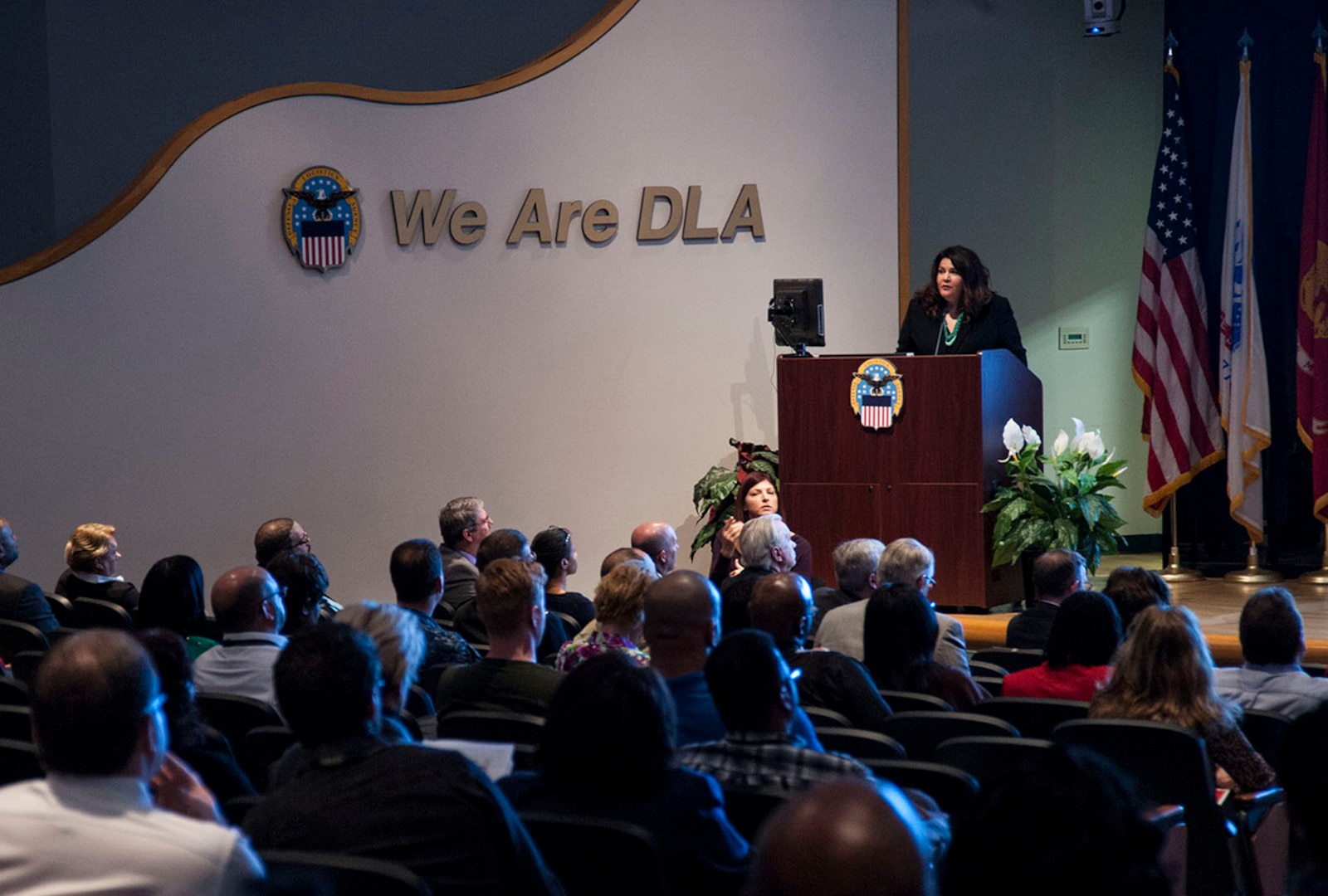 Stacey Halfmoon, director of American Indian Relations for the Ohio History Connection, speaks to federal employees and military personnel at Defense Supply Center Columbus. The Nov. 30 event was part of the installation's observance of National American Indian History Month.